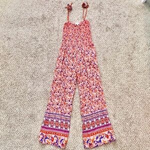 Umgee Wide Leg Floral Tie-Strap Jumpsuit